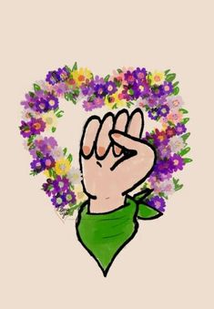 a drawing of a hand making the middle finger sign with flowers in front of it