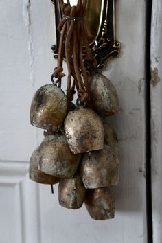 a bunch of mushrooms hanging from a hook on a white door handle with a clock in the background