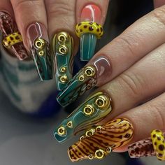 sugamama_nailz College Nails, Animal Print Nails Art, Blue Acrylic Nails, Nail Design Inspiration, Y2k Nails, Drip Nails, Animal Print Nails, Funky Nails