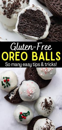 chocolate oreo balls with white frosting and sprinkles on top are shown