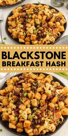 black stone breakfast hash browns with bacon and green onions in a skillet on a white table