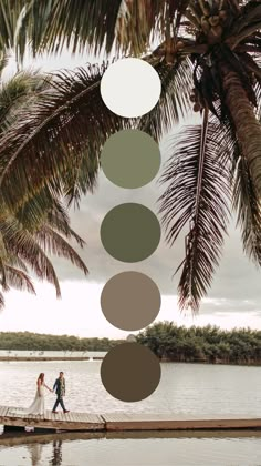 two people walking on a dock with palm trees and water in the backgroud