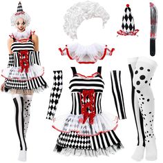 an image of a doll dressed up as a clown with makeup and accessories on white background