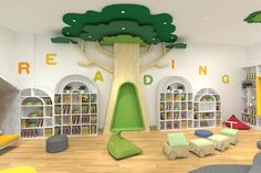 Classroom Furniture Design, Library Furniture Design, Library Tree, Library Room Design, Interior Library, Daycare Room Design, Kindergarten Furniture, Daycare Rooms, School Library Design