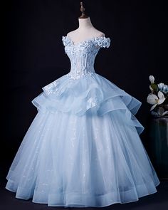 Blue Tulle Off Shoulder Long Formal Prom Gown,Layered Evening Dress With Applique,SB2334 on Storenvy Ballgown Blue Prom Dress, Ball Gowns Bridesmaid Dresses, Light Blue Themed Wedding Dress, Ball Ground Dresses, Ballgrown Dress, Minimalist Dress Formal, Sweet 16 Dresses Blue, Blue Sweet 16, Formal Prom Dresses Long