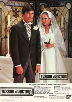 an ad for tuxedo junction shows a bride and groom standing in front of a stained glass window