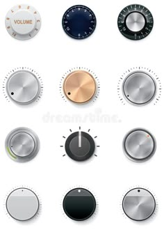 a set of different buttons and knobs on a white background