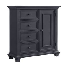 an armoire with drawers and doors on the bottom, in dark grey wood finish