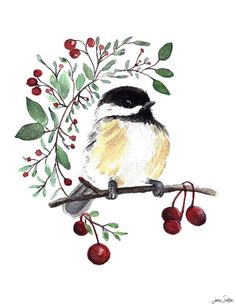 a watercolor painting of a bird on a branch with berries