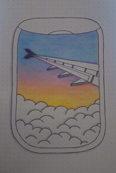 an airplane is flying over the clouds in this art work, which appears to be done with colored pencils