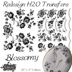 black and white floral designs with the words blossomy on it's back side