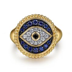 14K Yellow Gold Bujukan Diamond and Multi Stones Evil Eye Signet Ring Gold Multi-stone Diamond Ring, Gold Multi-stone Round Diamond Ring, Gold Multi-stone Sapphire Ring, Gold Multi-stone Rings, Luxury 14k Stamped Round Sapphire Ring, Gold Multi-stone Cluster Ring, Gold Cluster Ring With Multi-stone, Ladies Rings, Citrine Ring