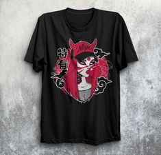 Original Yokai-Girl illustration by Alendra ♥ This tee is made of 100% ring-spun cotton and is soft and comfy. The double stitching on the neckline and sleeves add more durability to what is sure to be a favorite!   All our shirts are unisex and will fit all genders. - S: Length 28 Inches, Width 18 Inches - M : Length 29 Inches, Width 20 Inches - L: Length 30 Inches, Width 22 Inches - XL: Length 31 Inches, Width 24 Inches - 2XL: Length 32 Inches, Width 26 Inch - 3XL: Length 33 Inches, Width 28 I Harajuku Style Crew Neck Shirt With Screen Print, Harajuku Style Graphic Print Crew Neck Shirt, Anime Graphic Tops For Fan Merchandise, Anime Graphic Design Tops For Fans, Harajuku Style T-shirt With Sublimation Print, Harajuku Crew Neck T-shirt With Sublimation Print, Harajuku Crew Neck Shirt With Graphic Design, Harajuku Style Cotton Shirt With Screen Print, Anime Graphic Print Tops For Fans