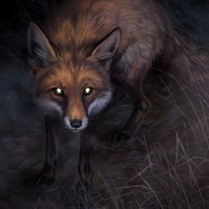 a painting of a red fox with glowing eyes