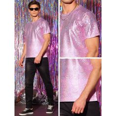 Sparkle t-shirts offer a bold and eye-catching option for those who want to make a fashion statement. Pairing these t-shirts with black jeans or leather pants creates a fashion look. Metallic short sleeves t-shirts are perfect for parties, nightclub, concerts, festivals, or any event where you want to stand out. Mens Disco Costume, Disco Costume, Nightclub Party, Metallic Shorts, Hooded Sweatshirt Men, Mens Hooded, Faux Leather Pants, Mens Crew Neck, Slim Fit Men