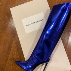 Questions? Leave A Comment Below! Blue Calf Leather Heels With Round Toe, Blue Leather Party Boots, Blue Boots With Leather Sole And Pointed Toe, Designer Blue Boots With Round Toe, Formal Fitted Blue Boots, Fitted Blue Luxury Boots, Chic Blue Formal Boots, Elegant Blue Almond Toe Boots, Blue Pointed Toe Boots For Formal Occasions