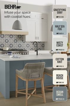 a kitchen with blue cabinets and white countertops has an advertisement on the wall that says behrt