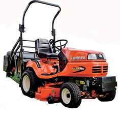 an orange riding mower on white background