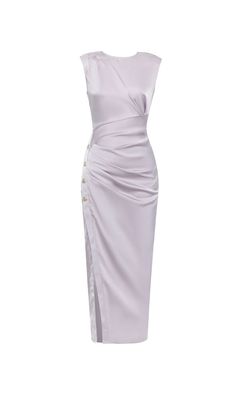 This elegant lavender silk dress will make you feel confident and sophisticated. The draped design adds a touch of elegance while the midi length offers comfort and versatility. Perfect for any occasion, this dress is a timeless addition to your wardrobe. Color: Lavender O-neck Sleeveless Draped detail Button detail Co Pre-draped Satin Midi Dress For Spring, Chic Ruched Sheath Sleeveless Dress, Elegant Midi Length Sleeveless Evening Dress, Chic Midi Dress With Asymmetrical Neckline For Wedding Guest, Feminine Midi Length Evening Dress, Purple Sleeveless Silk Satin Dress, Elegant Ruched Sleeveless Formal Dress, Chic Ruched Sleeveless Dress For Formal Occasions, Elegant Fitted Draped Midi Dress