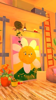 a room with an orange flower on the wall and some potted plants next to it