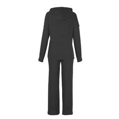 Black Loose Fit Hooded Long Sleeve Pant 2pcs Set Black Loungewear Sets For Winter, Black Hooded Sets For Fall, Black Hooded Fall Sets, Black Hooded Loungewear Sets, Hooded Solid Color Loungewear Sets, Solid Color Hooded Loungewear Set, Black Long Sleeve Loungewear Pant Set, Casual Black Hooded Set, Casual Black Pant Set For Loungewear