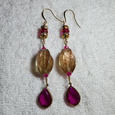 These Are Made With, - Hot Pink Crystal Beads - Rainbow Crystal Bead Caps - Resin Glitter Beads - Wire Wrapped In Gold Filled Wire And Gold Filled Earhooks Handmade Adjustable Pink Teardrop Beaded Earrings, Pink Gold Beaded Jewelry For Party, Pink Party Jewelry With Gold Beads, Pink Elegant Beaded Earrings For Celebration, Elegant Pink Beaded Earrings For Celebration, Pink Teardrop Beaded Earrings For Party, Elegant Pink Beaded Earrings With Faceted Beads, Pink Elegant Beaded Earrings For Beach, Elegant Pink Beaded Earrings For Beach