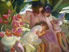 an oil painting of three people in bed with flowers on the side and one person laying down