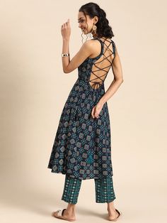 Buy MABISH By Sonal Jain Women Navy Blue Printed Pleated Kurta With Palazzos - Kurta Sets for Women 15494580 | Myntra Bohemian Palazzo Set For Party, Festive Ankle-length Palazzo Set For Navratri, Ankle-length Palazzo Set For Navratri, Bohemian Style Palazzo Set For Eid Party, Bohemian Straight Kurta Set For Party, Bohemian Palazzo Set For Festive Party, Festive Bohemian Palazzo Set For Party, वेस्टर्न ड्रेस