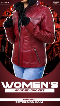 Women's Red Real Hooded Jacket Fitted Leather Hooded Jacket With Long Sleeves, Winter Biker Jacket With Double-lined Hood, Leather Biker Jacket With Double-lined Hood, Fitted Leather Hooded Jacket With Double-lined Hood, Fitted Leather Hooded Jacket For Fall, Red Fitted Leather Jacket For Winter, Fitted Red Leather Jacket For Winter, Red Leather Winter Outerwear, Hooded Leather Jacket