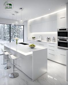 a large kitchen with white cabinets and counter tops, along with two bar stools