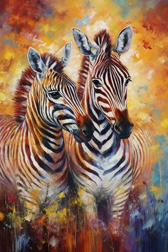 two zebras standing next to each other on a painting