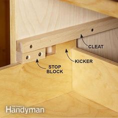 the bottom section of a wooden shelf is shown with instructions for how to attach it