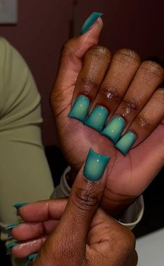 Safire Blue Nails, Square Turquoise Nails, Jade Colored Nails, Baby Blue Duck Nails, Sold Color Nails, Black And Blue Nails Short, Green Blue Nails Ideas, Brown And Turquoise Nails, Short Green Nails Acrylic