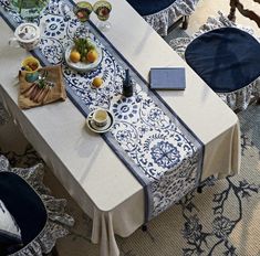 the table is set with blue and white cloths