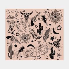 an image of various tattoos on a pink background with stars and cactuses in the foreground