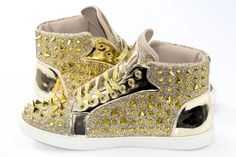 Craft a bold style in this designer high-top sneaker with a flashy exterior accented by coned spikes and wide laces. Great for a street-smart look that pairs well with semi-casual outfits. Men's Dress Sneaker High-Top Heel Spiked PU Leather Upper Rubber Sole Embedded Glitter Wide Laces Imported Mens Dress Sneakers, Dress Sneaker, Semi Casual Outfit, Hightop Sneakers, Semi Casual, Street Smart, Bold Style, Cool Suits, Bold Fashion