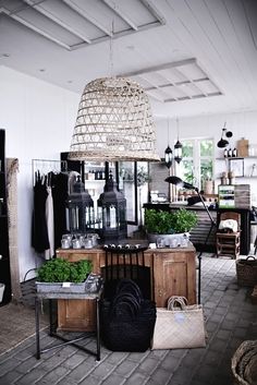 a room filled with lots of furniture and hanging lights