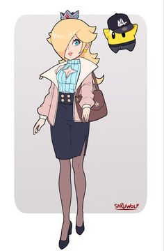 a drawing of a woman with blonde hair and blue eyes wearing a pink jacket, black skirt and heels