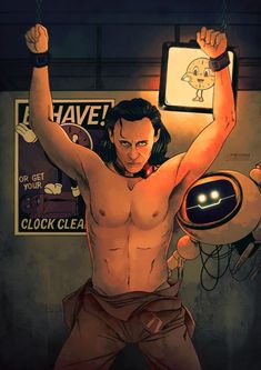 a man with no shirt on holding up a clock above his head and hands in the air