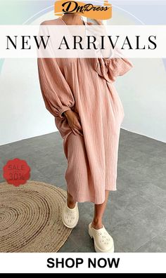 Casual Living Solid Pocket V Neck Long Sleeve Dresses Long Sleeve Dresses, Sleeve Dresses, Color Pick, Lantern Sleeves, Cotton Style, Fashion Games, Dress Length, Sleeve Styles, Knee Length