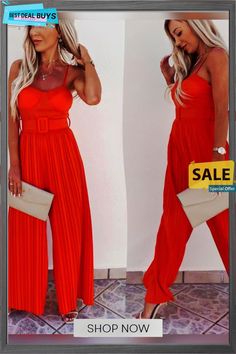 Solid Pleated Jumpsuit Loose Wide Leg Beach Romper Overall Chic Orange Jumpsuits And Rompers For Vacation, Chic Orange Jumpsuit And Romper For Vacation, Chic Orange Jumpsuits And Rompers For Beach, Chic Orange Beach Jumpsuits And Rompers, Summer Orange Sleeveless Jumpsuits And Rompers, Sleeveless Orange Jumpsuits For Summer, Chic Red Jumpsuits And Rompers For Summer, Trendy Orange Summer Jumpsuits And Rompers, Summer Party Jumpsuits And Rompers