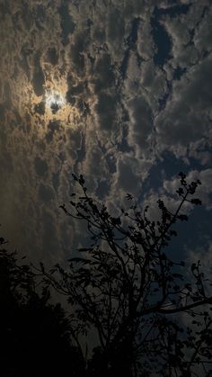 the sun is shining through the clouds in the sky above some tree branches and leaves