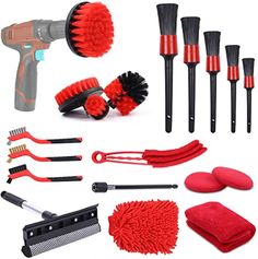 the tools needed for cleaning and polishing are shown in this image, including brushes, gloves, sponges, scrubbing mittens, brushes, and other items