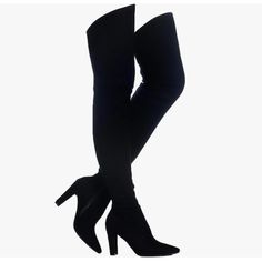 Brand New Never Worn. Black Thigh High Boots -Black 100% Suede Material -Elastic Band In The Top Of The Back -Slight Stretch -Inside Partial Zipper -Approx 3.5” Heel -100% Man Made -Shaft Height (Without Heel) - 26” -Wide Calf -No Box Black Knee-high Boots With High Heel, Tall Black Knee-high Boots With High Heel, Tall Fit Black Knee-high Boots With High Heels, Black Tall Heeled Boots For Winter, Tall Black Heeled Boots For Winter, Trendy Black Over-the-knee Boots, Black Over The Knee Boots Medium Width, Fitted Black Knee-high Boots For Night Out, Black Over-the-knee Winter Boots