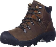 a pair of brown boots with black laces on the outstep and toe