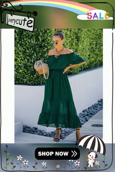 Dark Green Off Shoulder Tie Waist Ruffle Maxi Dress Green Midi Dress With Ruffles For Beach, Green Ruffled Midi Dress For Vacation, Flowy Green Midi Dress With Ruffles, Casual Green Chiffon Midi Dress, Chiffon Maxi Dress With Ruffles For Day Out, Casual Green Ruffle Dress, Green Casual Ruffle Dress, Green Off-shoulder Ruffled Midi Dress, Green Off-shoulder Midi Dress With Ruffles