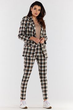 Fitted high-waisted plaid pants with a cigarette cut, tapered at the bottom. High-waisted pants emphasize the waist and optically elongate the figure, while covering minor imperfections around the waist. Together with our A491 jacket it creates an elegant suit set, which can be used for a business meeting, family celebration or office work. Fitted plaid pants are a must have in every closet. Spandex 3 % Polyester 69 % Viscose 32 % Size Lenght Hips width Waist width L 101 cm 98 cm 78 cm M 100 cm 94 cm 74 cm S 99 cm 90 cm 70 cm XL 102 cm 102 cm 82 cm High-waisted Pantsuit For Office Wear In Fall, Fall Office Wear High-waisted Pantsuit, Fall High-waisted Pantsuit For Office, Plaid Tapered Leg Pants For Fall, Fall Office Wear Trousers Pantsuit, Fall Office Wear Pantsuit, Fall Office Wear Ankle-length Pantsuit, Plaid High-waisted Pants For Business Casual, Plaid Pants For Business Casual In Fall