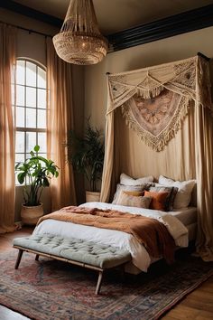 a bedroom with a canopy bed, rug and hanging lights above it in front of two windows