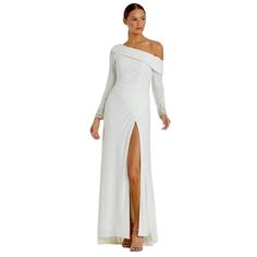 Mac Duggal Dress Size 10 Evening Gown White Off Shoulder Long Sleeve Rhinestone Cuff Brand New With Tags. Retails $498 Off-The-Shoulder Long Sleeve Jersey Gown Accented With Jeweled Cuffs And A Thigh-High Slit. Mac Duggal Jersey Fabric (100% Polyester) Fully Lined Through Body Off-The-Shoulder Neckline Long Sleeve Bust Pads Ruched Waist Detailing Concealed Back Zipper Approx. 67" From Top Of Shoulder To Bottom Hem Style #12231 Bust Seam To Seam 20 In With Stretch Waist 30 In With Stretch Beaded Beaded Dresses, Mac Duggal Dress, Gown White, Mac Duggal Dresses, White Off Shoulder, Mac Duggal, Long Sleeve Jersey, Hem Style, Beaded Dress