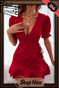 Red Deep V Neck Ruffled Detail Mini Dress Red Short Sleeve Mini Dress With Ruffle Hem, Red Short Sleeve Mini Dress With Ruffles, Red Mini Dress With Ruffle Hem And Short Sleeves, Red Short Sleeve Dress With Ruffle Hem, Dresses By Length, Color Pick, Neck Ruffle, Deep V, Mini Dresses